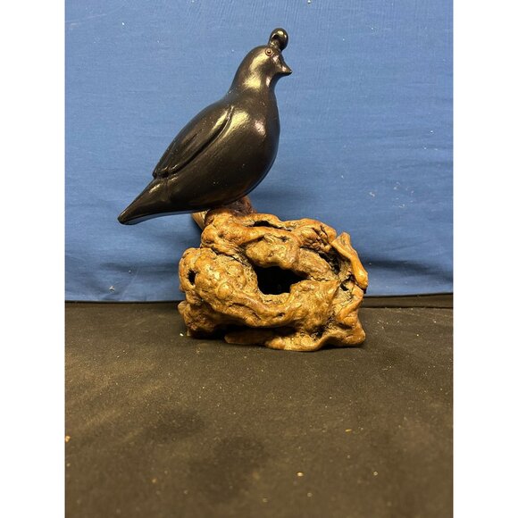 Hand-Carved Black Quail Figurine On Natural Wood Base Rustic Decor - Picture 3 of 5
